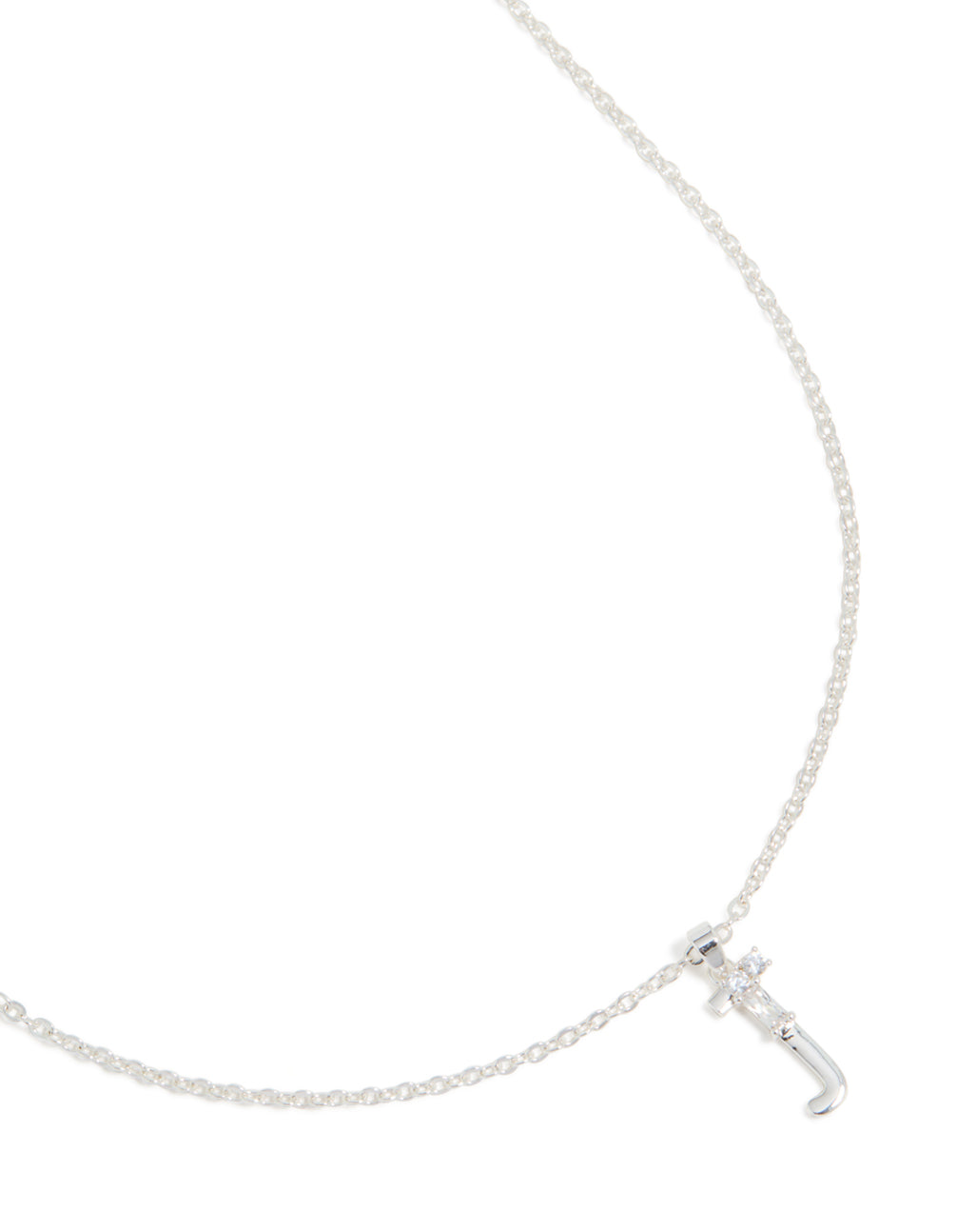 Discover this thin letter J necklace with an initial pendant, crafted from silver-plated cubic zirconia close-up view