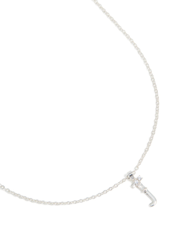 Discover this thin letter J necklace with an initial pendant, crafted from silver-plated cubic zirconia close-up view