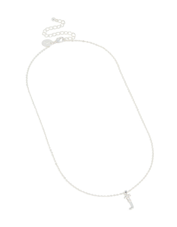Beautiful thin letter J necklace with an initials pendant crafted from silver plated cubic zirconia front view