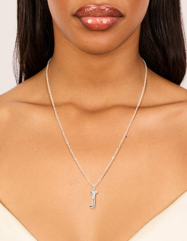Silver Plated Thin Cubic Zirconia Letter J Necklace
