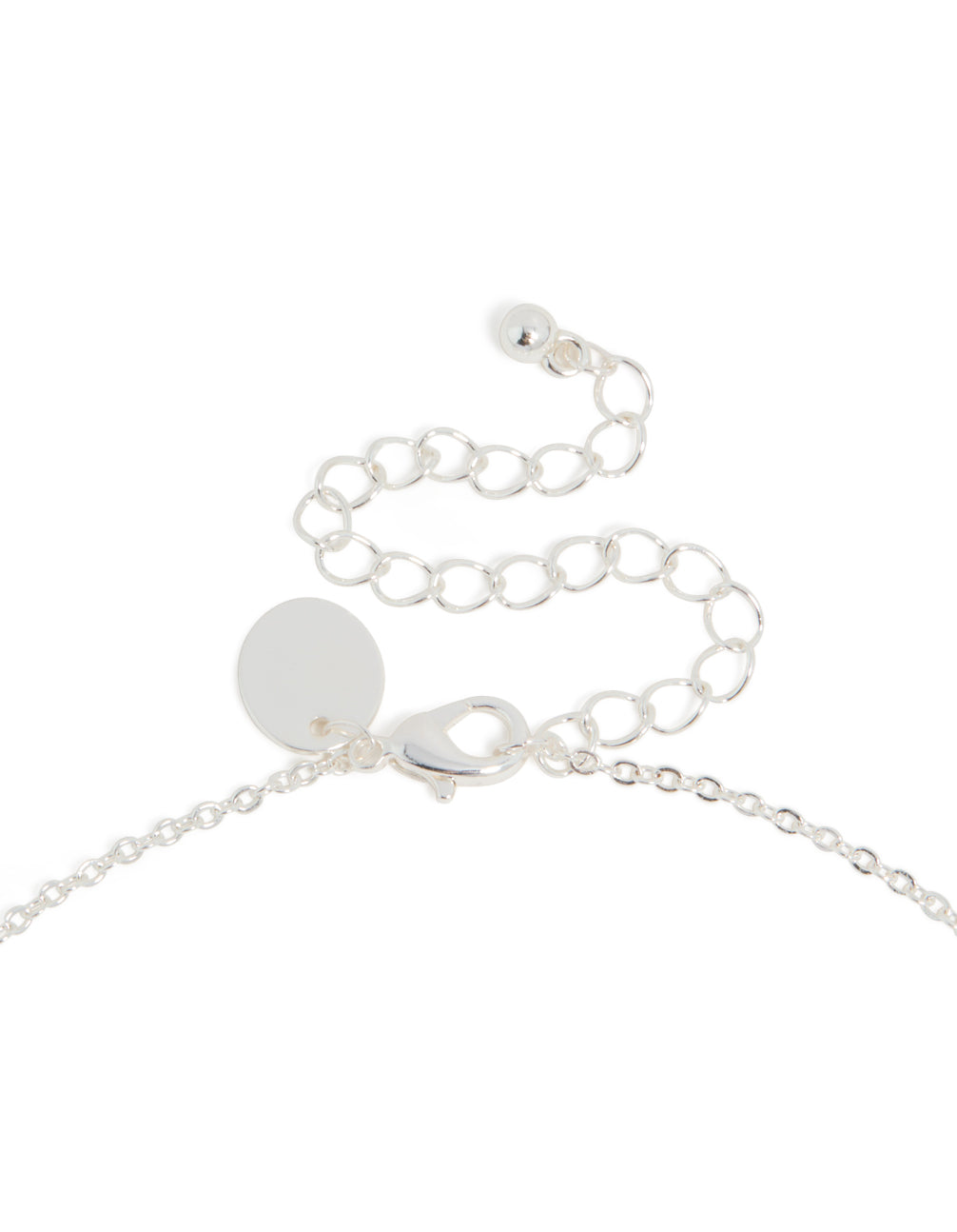 A beautifully crafted silver plated thin letter B initial necklace with cubic zirconia in dainty styling, clasp detail view