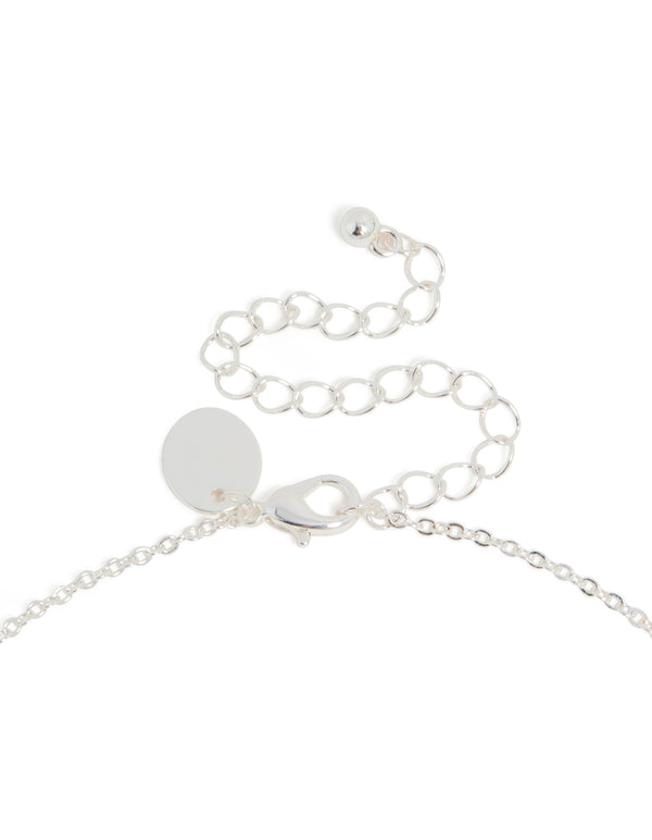 A beautifully crafted silver plated thin letter B initial necklace with cubic zirconia in dainty styling, clasp detail view