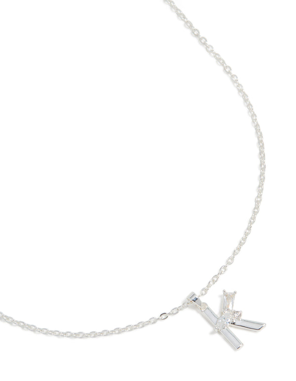 Silver Plated Thin Cubic Zirconia Letter K Necklace