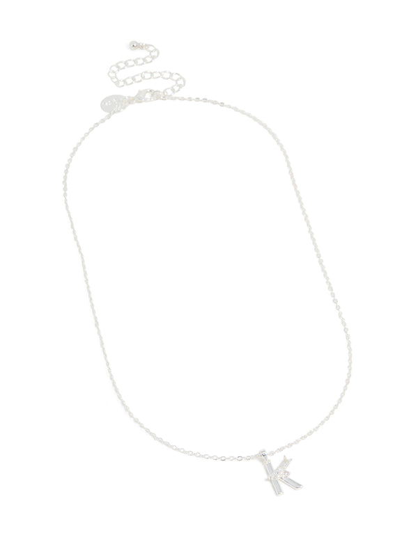 Elegant thin initial letter K pendant necklace crafted from silver plated material with cubic zirconia accents in dainty style front view