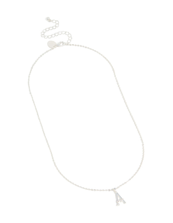Discover this thin letter A necklace in silver plated metal with a pendant feature and cubic zirconia, designed as a statement piece, front view