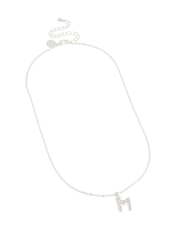 Elegant thin cubic zirconia letter M necklace with an initial pendant in silver plated pendant front view