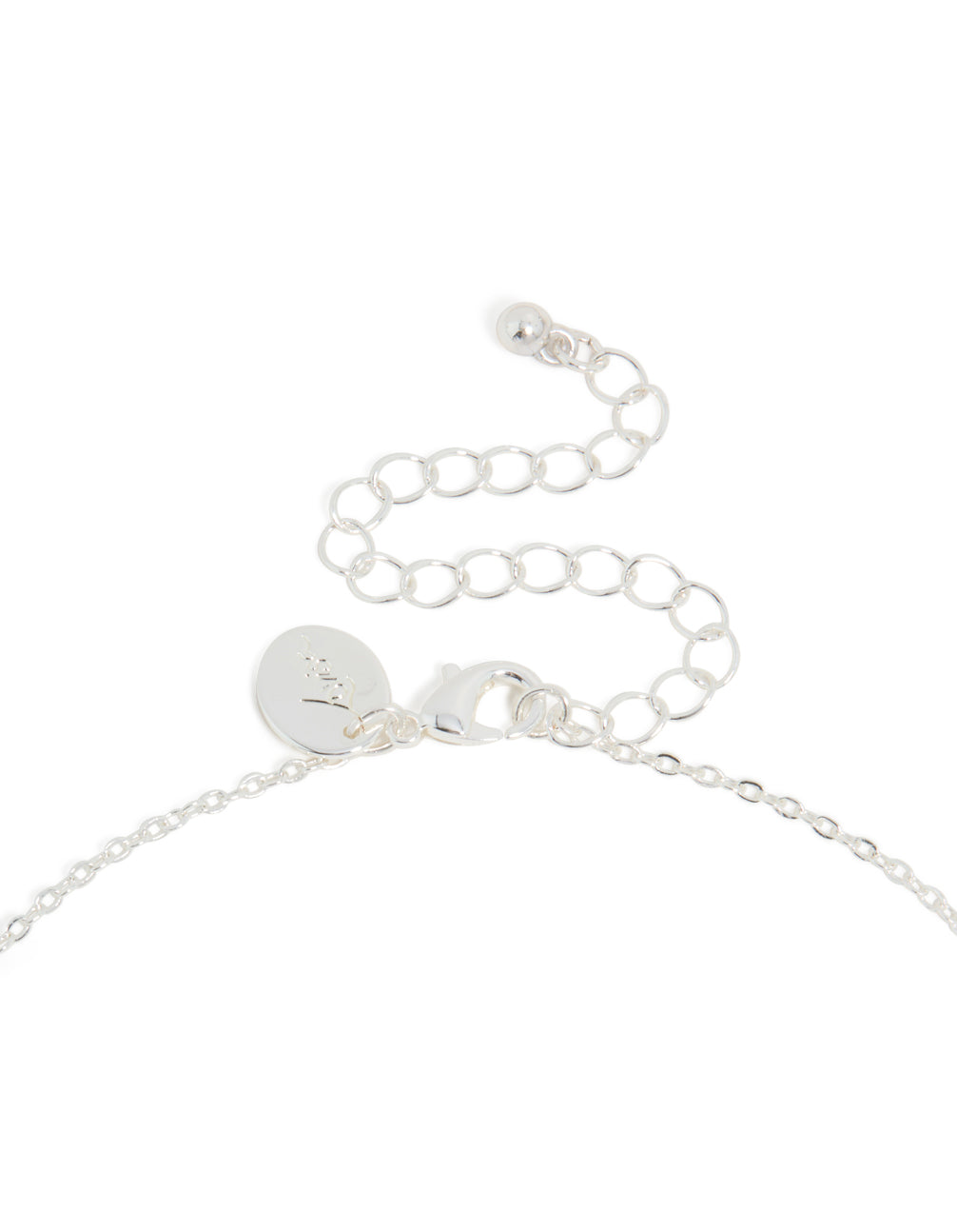 Featuring thin cubic zirconia letter M necklace with an initial pendant and silver plated pendant clasp detail view