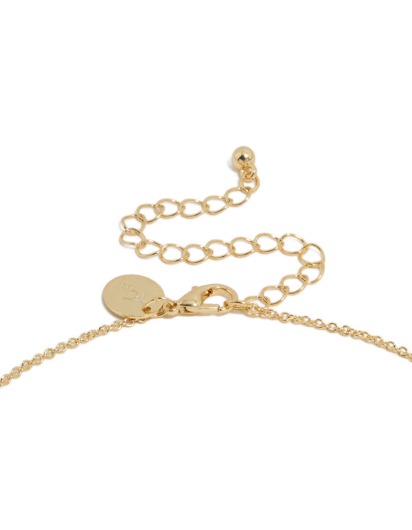 Highlighting a gold plated august birthstone necklace with pendant featuring cubic zirconia clasp detail view