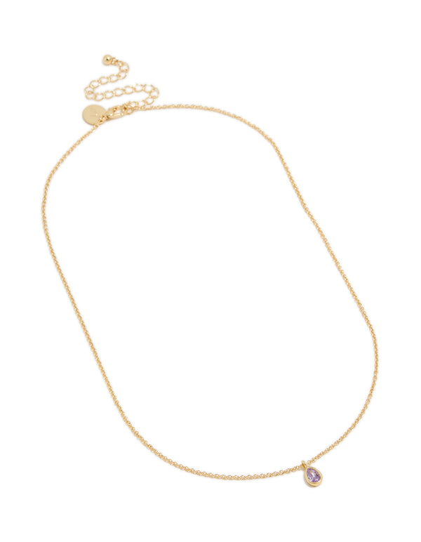 Elegant gold plated June birthstone necklace featuring cubic zirconia in a dainty style front view