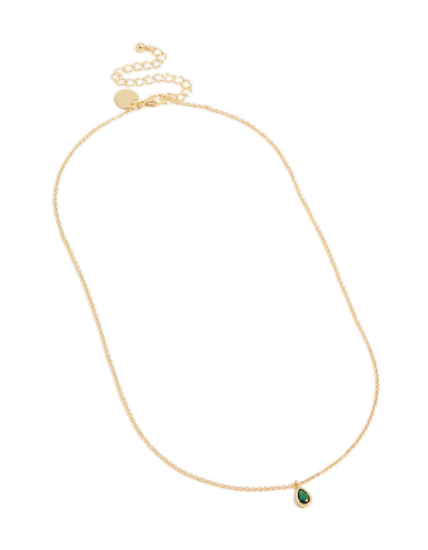 Showcasing May birthstone necklace crafted from gold-plated material with emerald cubic zirconia, featuring a pendant and dainty styling front view