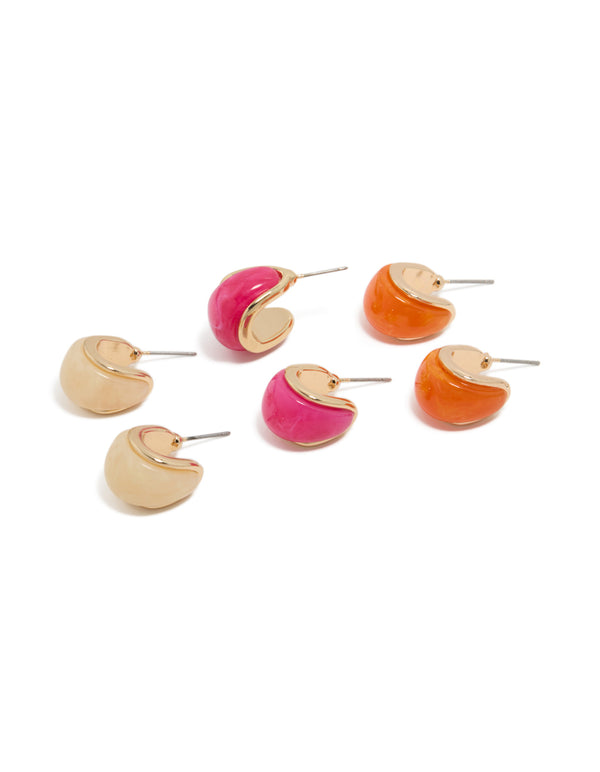 Showcasing a chunky acrylic bubble hoop earrings in a 3-pack in gold, pink, and orange front view