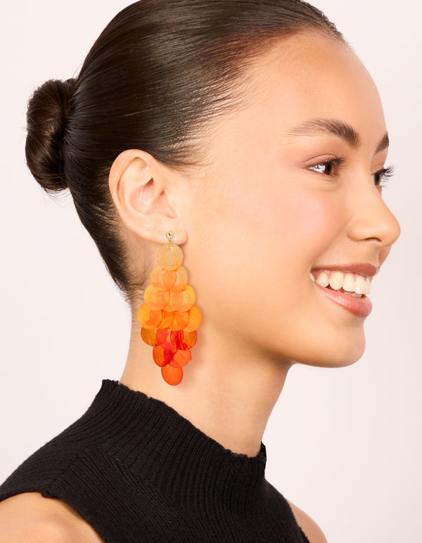Orange Genuine Shell Layered Discs Waterfall Drop Earrings