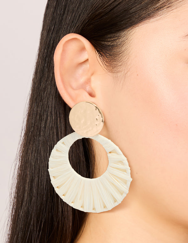Gold White Raffia Paper Circle Drop Earrings