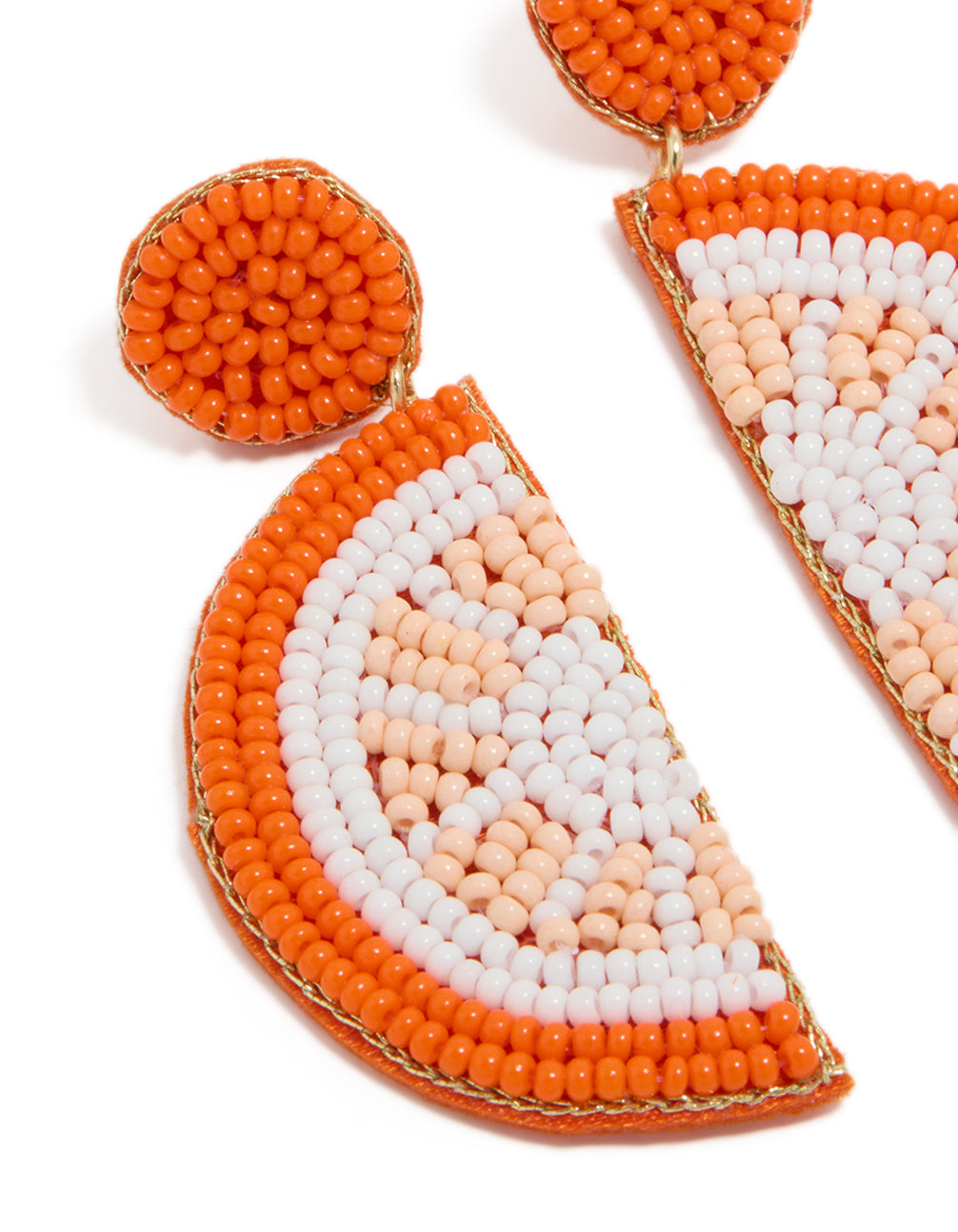 Featuring beads and fruit design in orange white and peachpuff statement drop earrings close up view