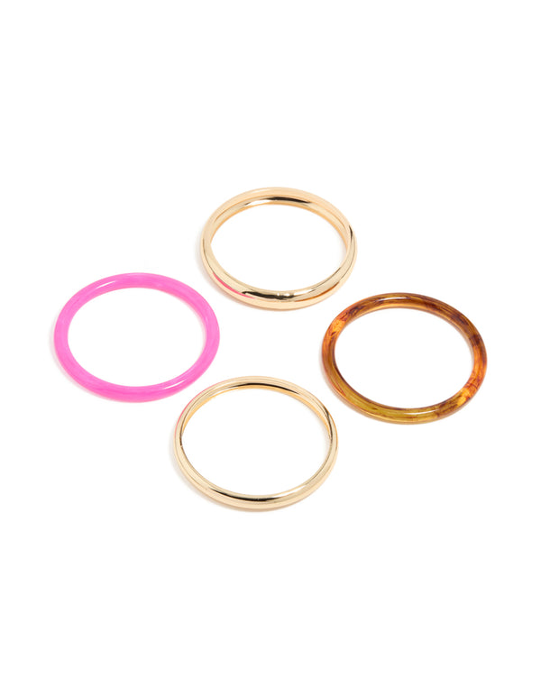 Showcasing a gold and mixed acrylic bangle 4-pack with hot pink and brown tortoiseshell designs front view