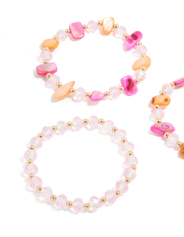 Featuring beads in pink, brown and gold, this stretch bracelet in a 3-pack offers a close up view