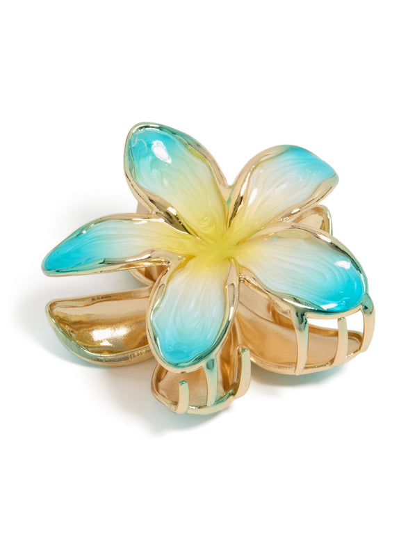 Showcasing a floral enamel frangipani flower claw clip in turquoise, yellow, and gold front view