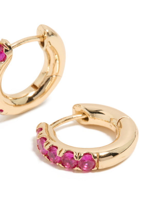 Gold Hot Pink Cubic Zirconia Small Clicker Earrings
