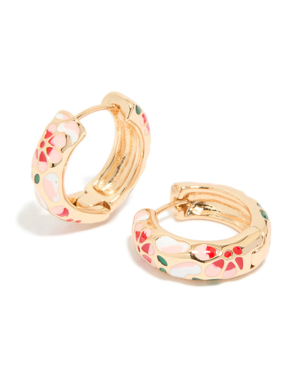 Showcasing gold enamel floral thick earrings with chunky huggie closure in pink, red, and green pattern front view