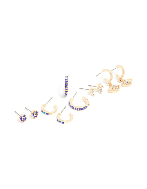 Showcasing gold diamante featuring evil eye and cross earrings in a 5-pack set designs with hoop and stud closures in blue and aqua tones front view
