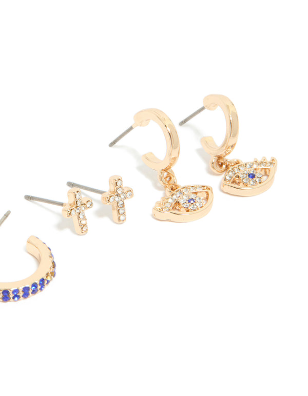 Crafted from gold with diamante featuring evil eye and cross details in a 5-pack, hoop and stud closures in blue and aqua tones post detail view