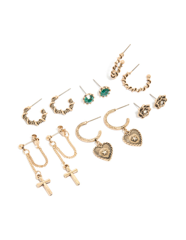 Beautifully crafted antique gold chain cross and heart earrings 6-pack featuring floral,designs with stud and hoop closures in gold, green, black front view