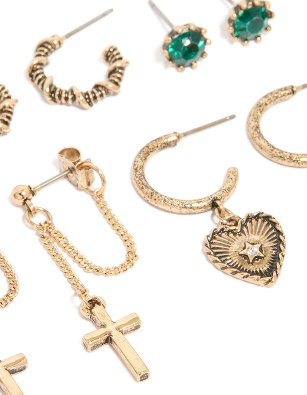 Stunning antique gold chain cross and heart earrings 6-pack with floral details showcasing intricate metal texture and green gemstones close up view