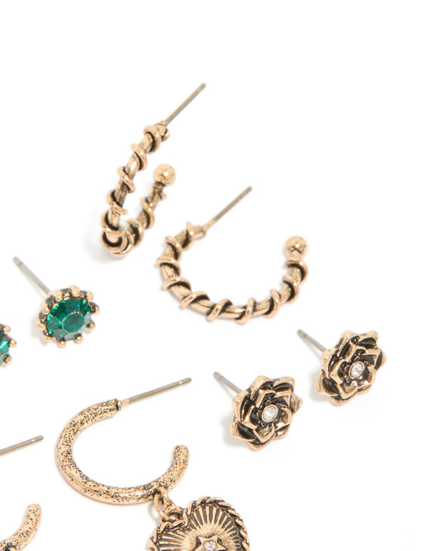 Elegant antique gold chain cross and heart earrings 6-pack displaying floral studs, hoops, and textured twisted metalwork in post detail view