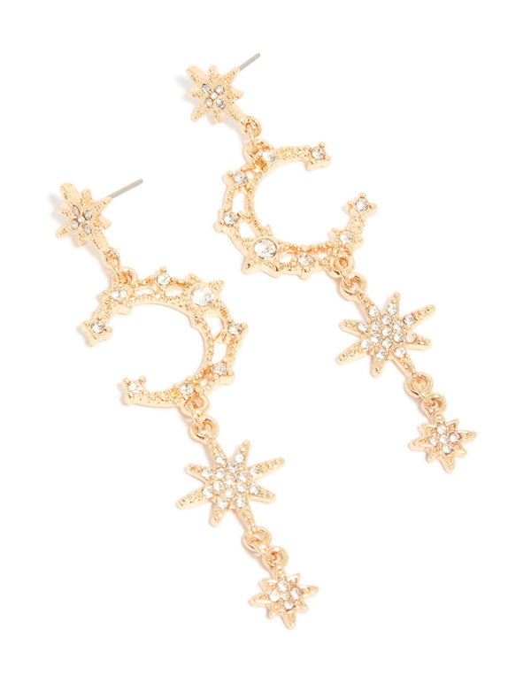 Gold Diamante Moon & Star Celestial Drop Earrings