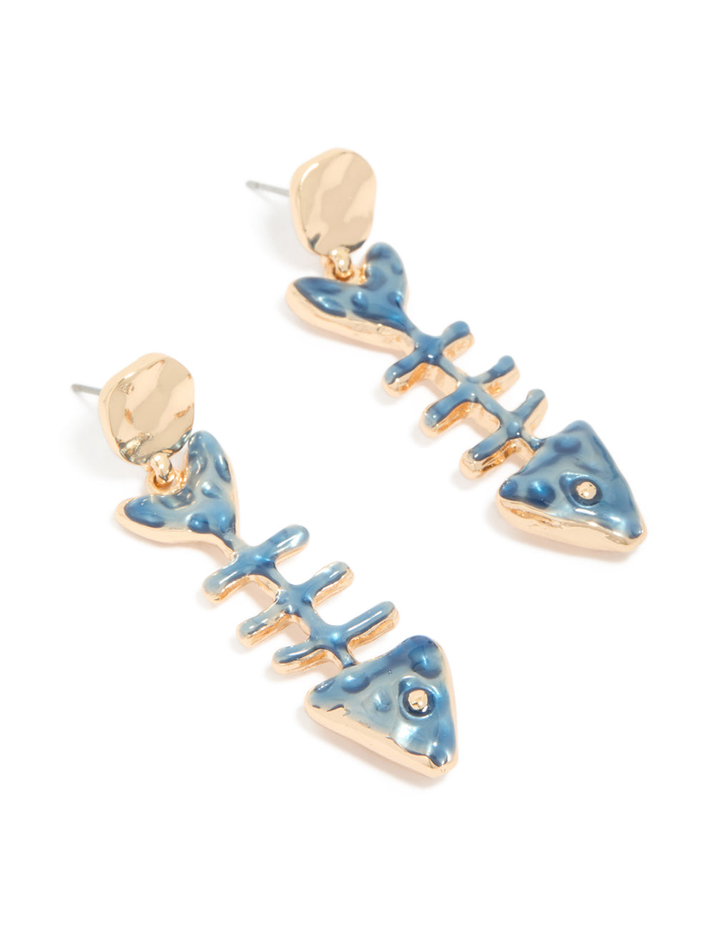 Crafted with gold blue fish skeleton drop earrings featuring ocean theme details in steel front view