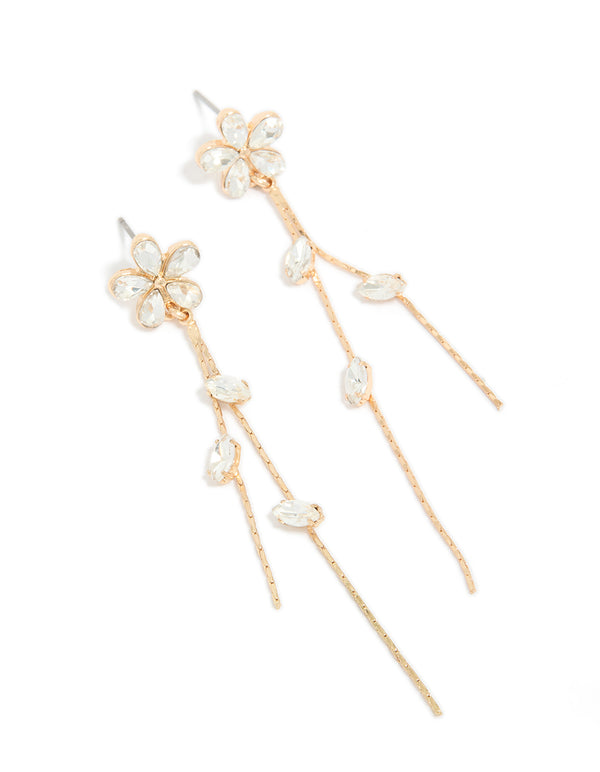 Elegant gold diamante flower chain drop earrings front view