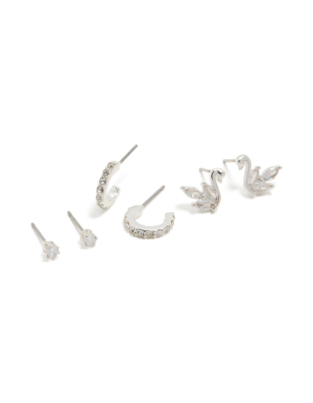 Discover the Silver Swan Stud and Classic Stud Earrings in a 3-Pack featuring bird and animal designs with cubic zirconia and crystal accents in a front view