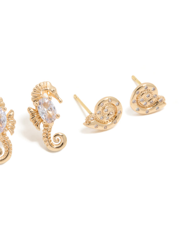 Designed with gold diamante and seahorse studs in a 3-pack featuring ocean accents post detail view