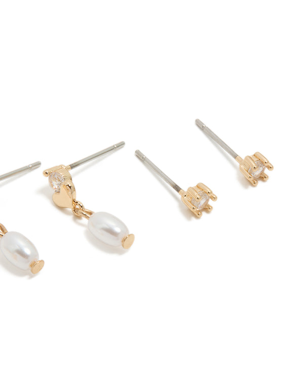 Gold Cubic Zirconia & Pearl Stud Earrings 3-Pack
