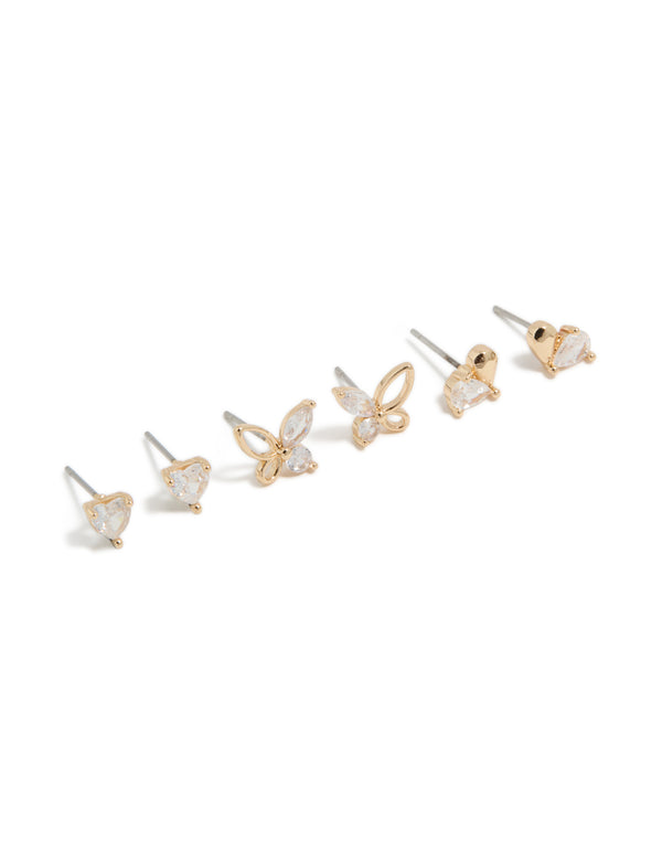 Discover gold stud earrings featuring butterfly and heart designs with cubic zirconia in a 3-pack front view
