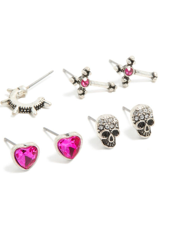 Silver Bow, Heart & Cross Earrings 6-Pack