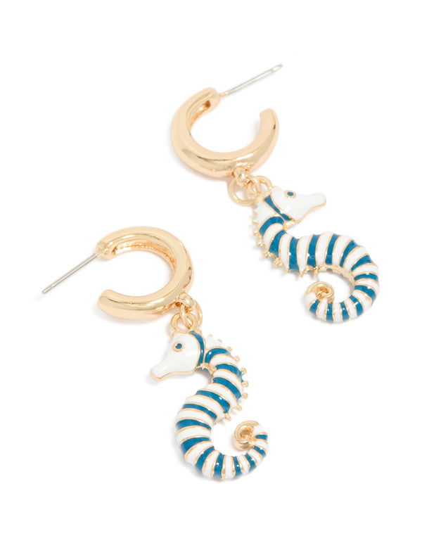 Presenting gold hoop earrings with teal and white seahorse in an ocean-inspired design front view