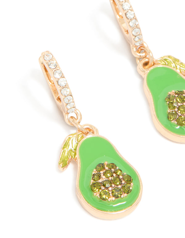 Featuring gold diamante avocado huggie earrings featuring a fruit design in lime green enamel close up view