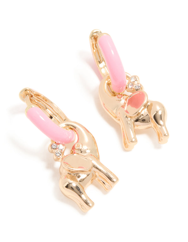 Featuring huggie style featured elephant earrings crafted from enamel in light pink and gold front view