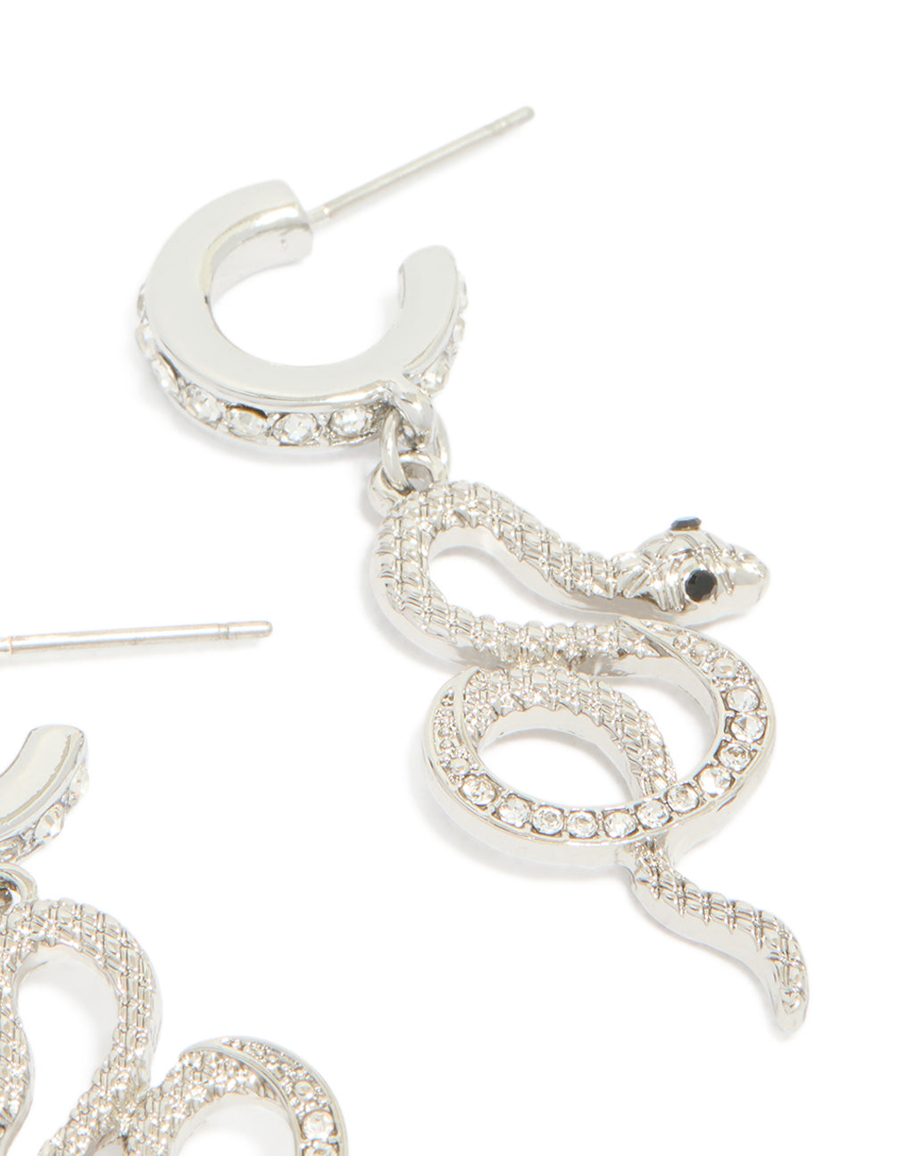 Highlighted are silver diamante snake huggie earrings in statement style post detail view