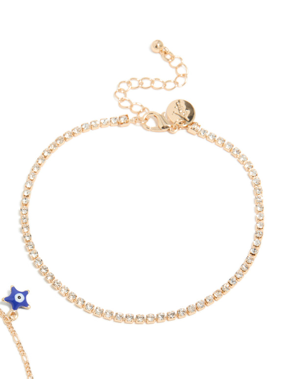 Gold Evil Eye Tennis & Chain Anklets 3-Pack