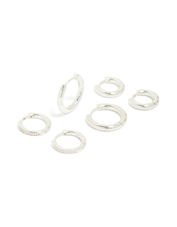 Waterproof Stainless Steel Cubic Zirconia Essential Stacking Huggie Earrings 3-Pack