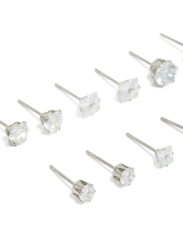 Discover waterproof stainless steel cubic zirconia essential stud earrings 6-pack with round stone cut crystal in clear close up view
