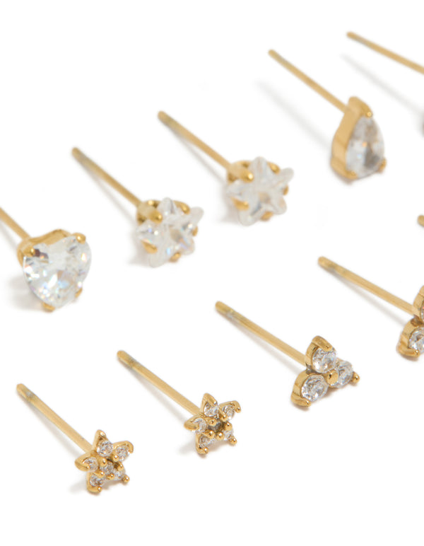 Showcasing dainty waterproof stainless steel earrings with star and crystal details, gold plated cubic zirconia studs close up view