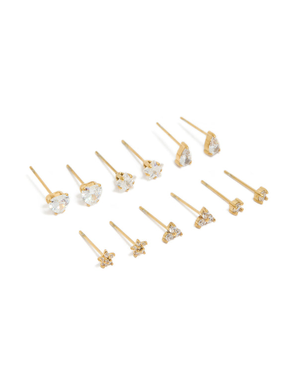 Showcasing dainty stud earrings crafted from waterproof stainless steel with cubic zirconia and star features in a 6-pack front view