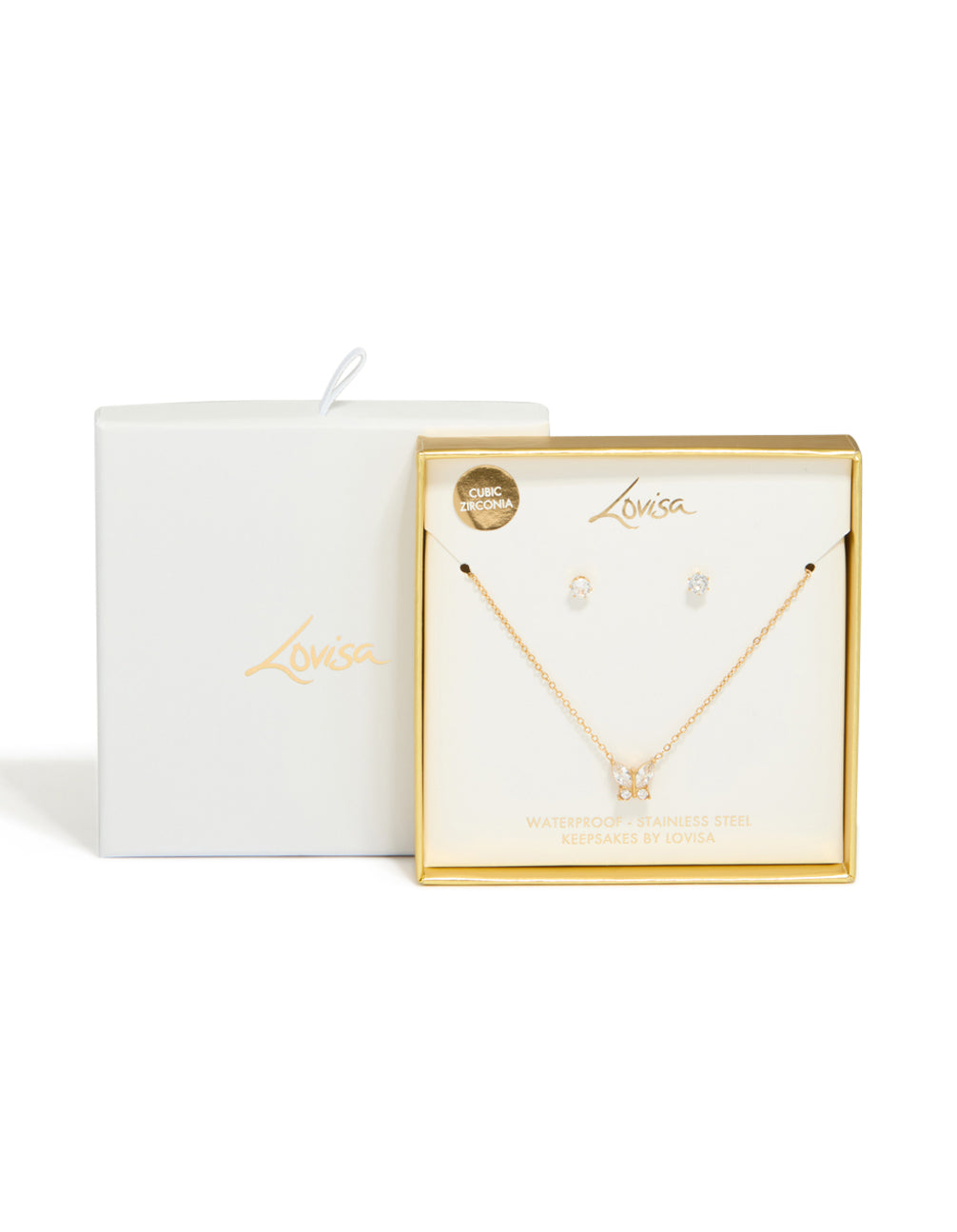 Waterproof Gold Plated Stainless Steel Cubic Zirconia Butterfly Necklace & Earrings Set