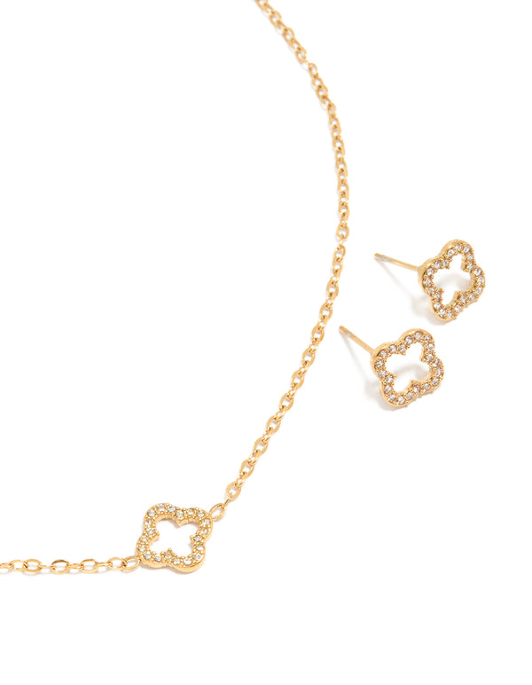 Waterproof Gold Plated Stainless Steel Cubic Zirconia Flower Necklace & Earrings Set