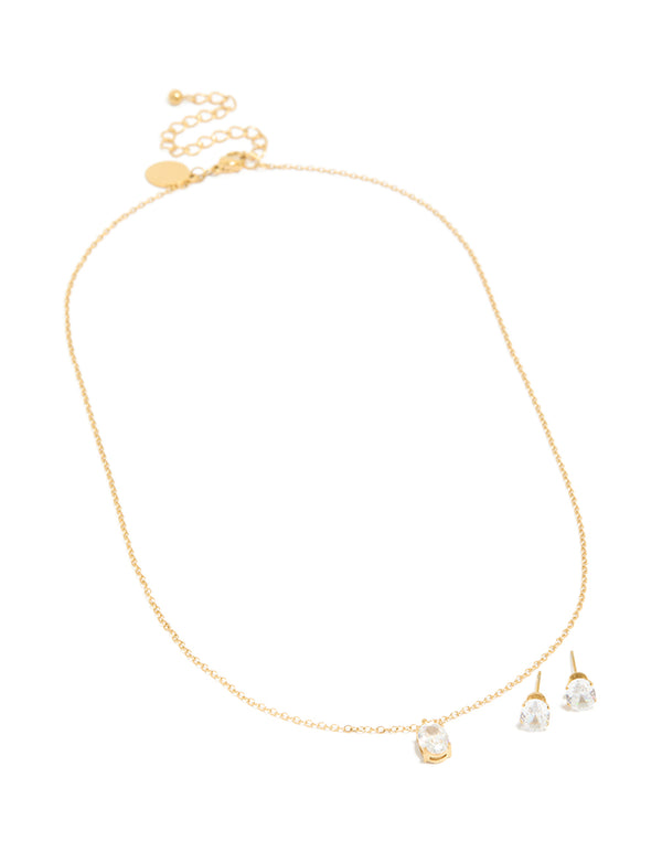 Waterproof Gold Plated Stainless Steel Cubic Zirconia Oval Necklace & Earrings Set