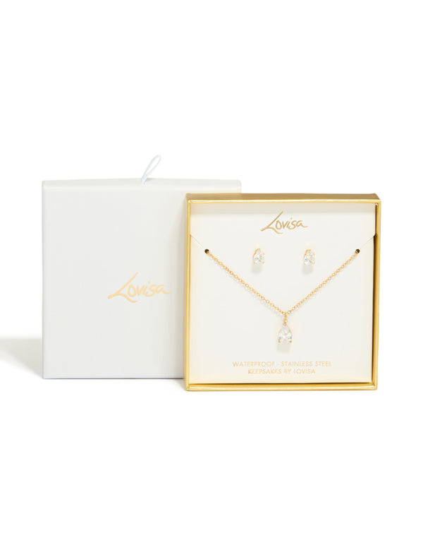 Waterproof Gold Plated Stainless Steel Cubic Zirconia Pear Necklace & Earrings Set