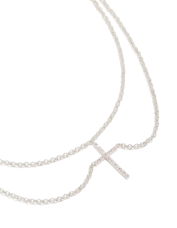 Silver Plated Cubic Zirconia Layered Cross Pendant Necklace